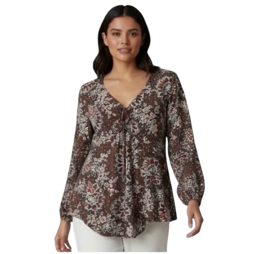 CATO Plus Size Brown/Orange Floral Casual V-neck Long Sleeve Blouse 28